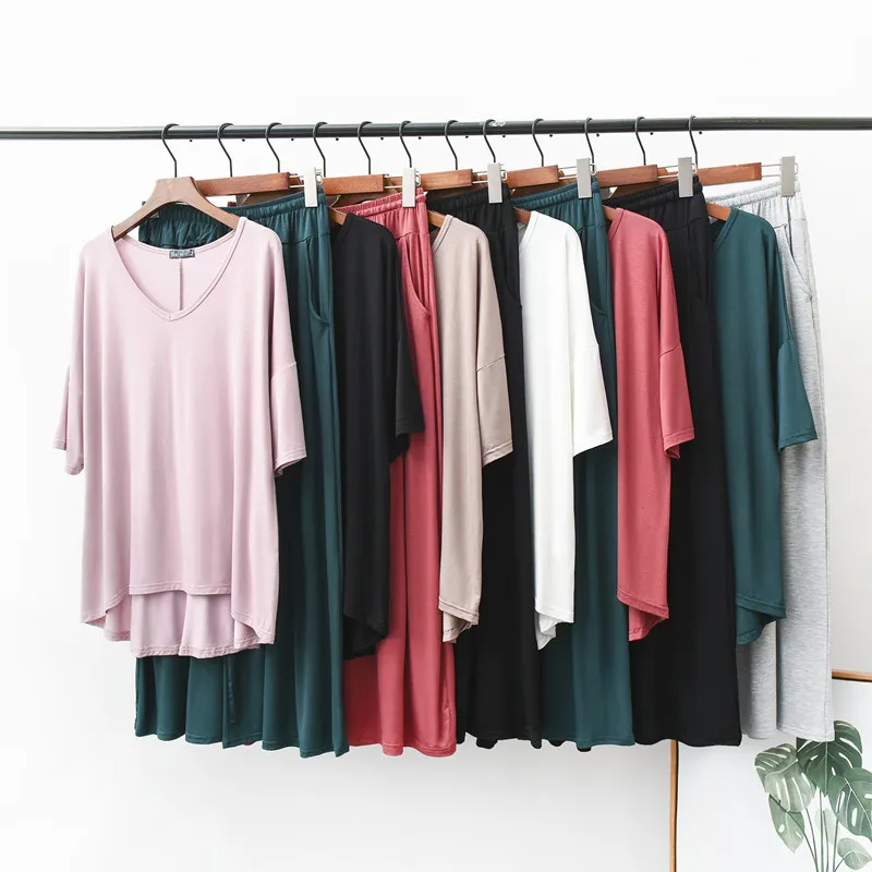 

Pijama Mujer New Modal Sleepwear Set Short Sleeve Trousers 2 Piece Home Suit Casual V Neck Loose Wide Leg Pant Pajamas Women