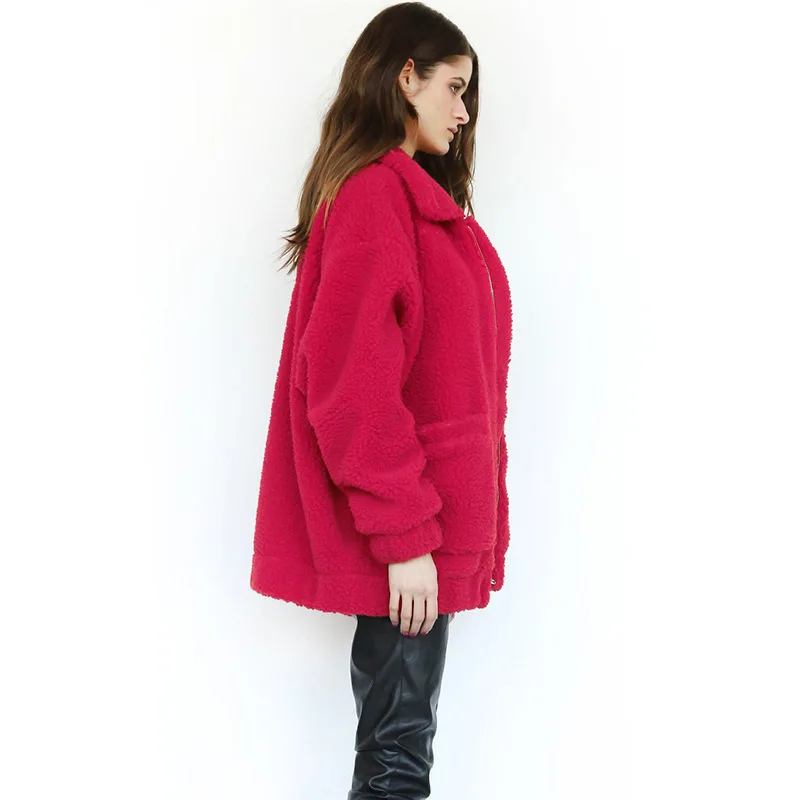 

Fitaylor New Spring Women Teddy Bear Coat Stand Collar Loose Plush Jacket Zipper Solid Warm Outwear Faux Lamb Coats