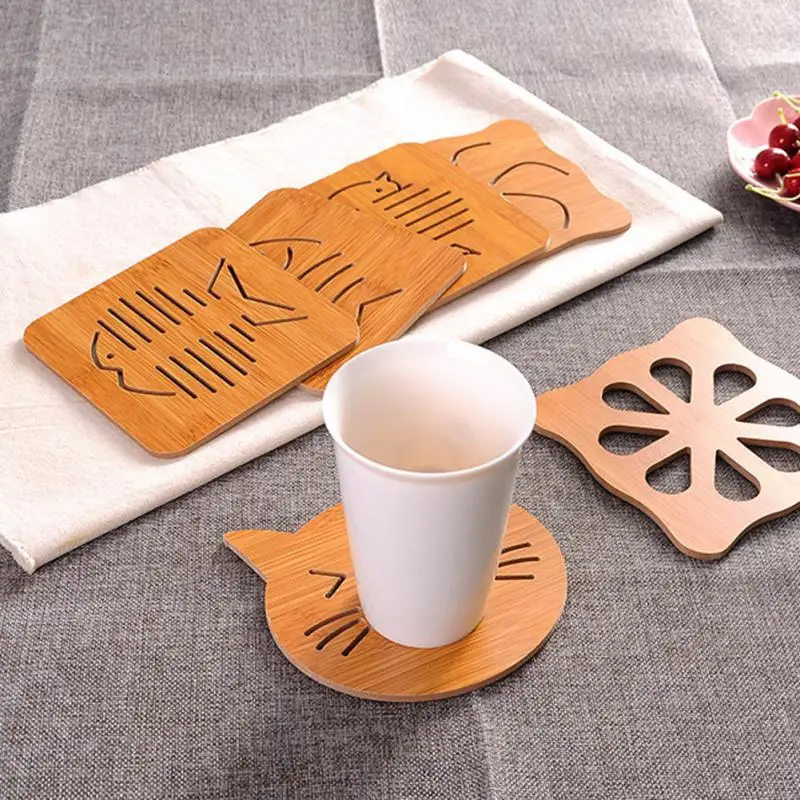 

Lovely Hollow Shape Coasters Wood Table Mat Creative Non-slip Insulation Kitchen Dining Accessories Supplies Products