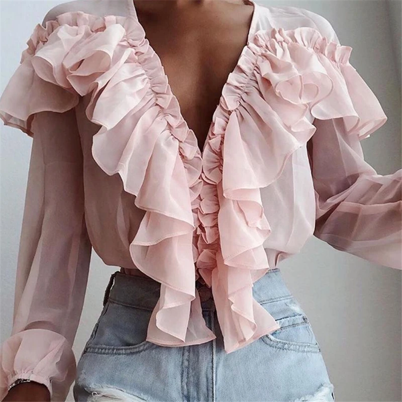 

Fashion Ruffles Chiffon Blouse Tops Women Ladies Casual Solid V Neck Pink Shirt Long Sleeve Tops Blusas Female Pink