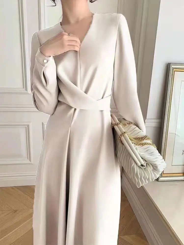

SuperAen 2022 New V-Neck Solid Full Irregular Medium Length Office Lady Casual Woman Dress