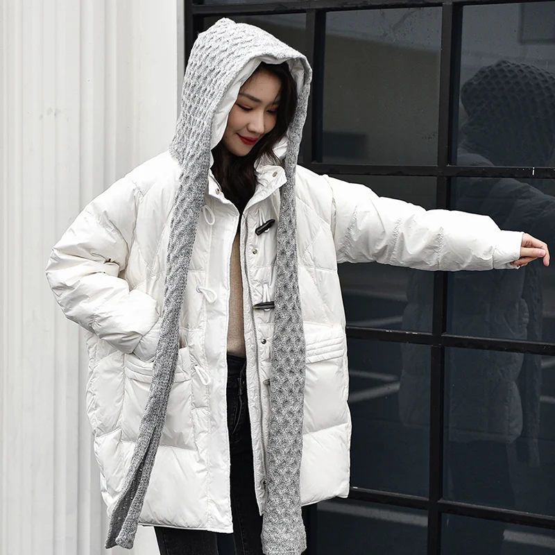 

New Fashion Winter Women Knit Scarf Soft White Duck Down Warm Coat Korean Loose Female Thicken Puffer Jacket Ladies Outwear