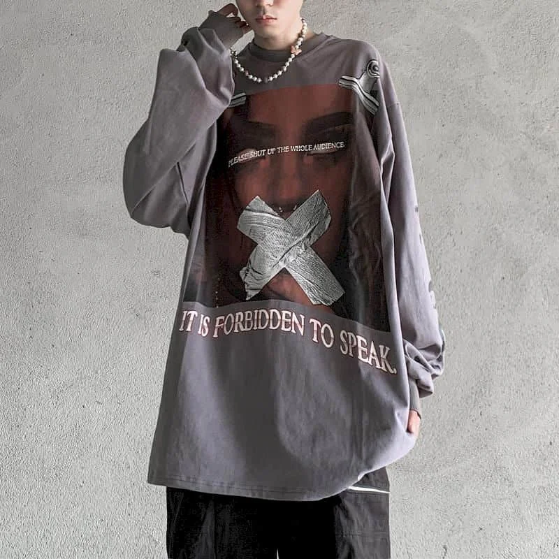 

Long-sleeved T-shirt men and women Europe&the United States high street trend hip-hop portrait printing loose dark black tops
