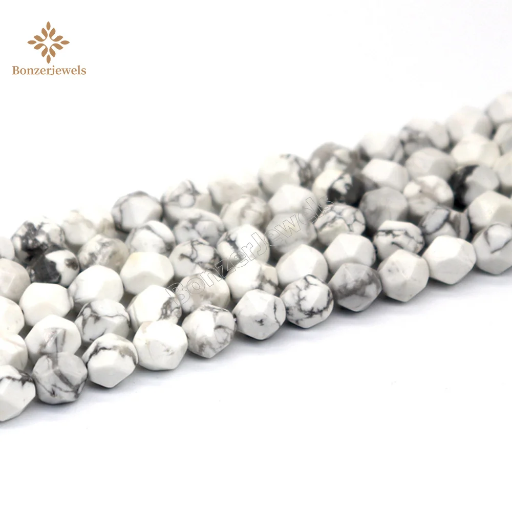 

Howlite Diamonds Faceted Natural Stone Round Beads DIY Bracelet Necklace Star Cut Polygon For Jewelry Making 15" Strand 6 8 10MM