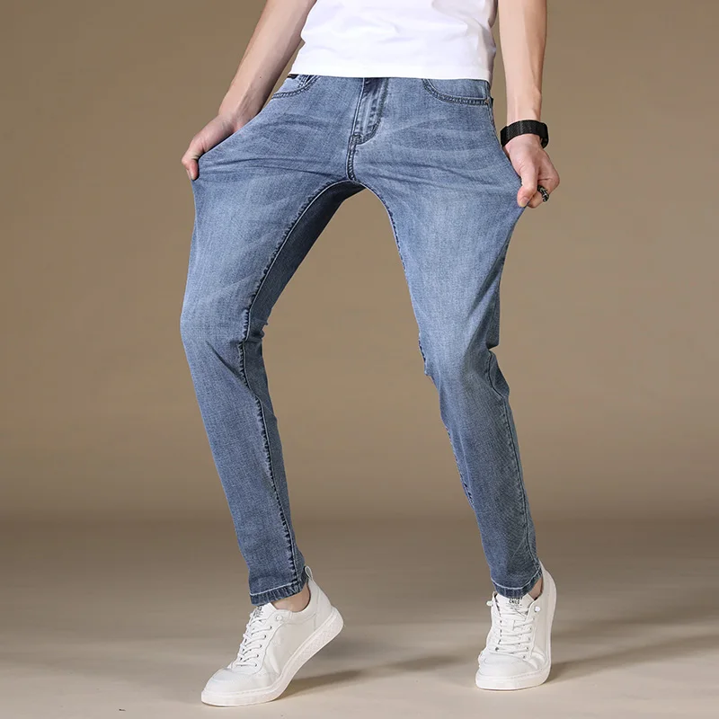 Узкие джинсы мужские летние новые синие тонкие модные повседневные Стрейчевые