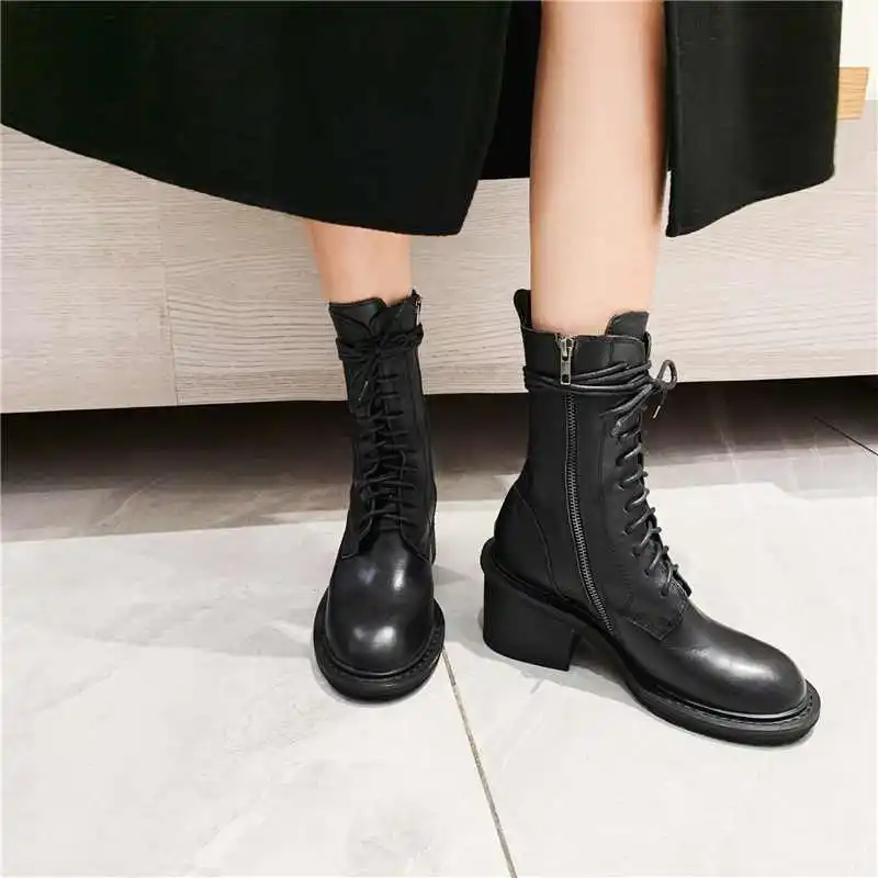 Online Lenkisen Vintage Fashion Merek Sapi Kulit Bulat Toe Sepatu Hak Tinggi Renda Pakaian Sehari-hari Tetap Hangat Hitam ZIP MID -Betis Boots L99