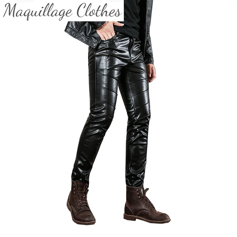 Men's Punk Casual Leather Pants Motorcycle Faux Leather Skinny Leather Trousers Male Brand Designer