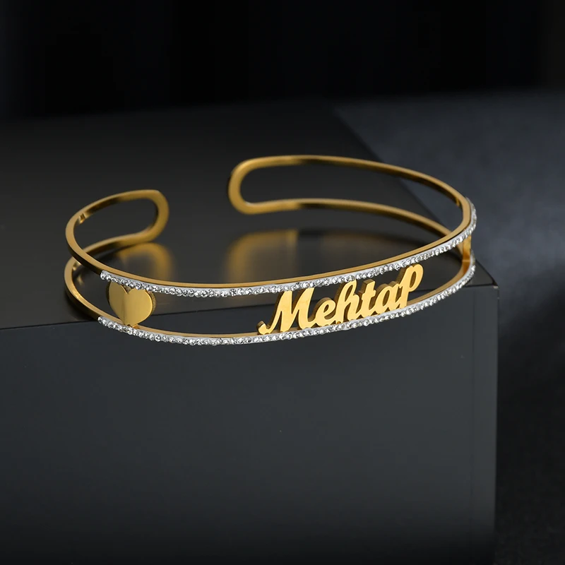 

Lateefah Customize Nameplate Name Bracelet Gold Stainless Steel Zircon Personalize Custom Cuff Bangles For Women Jewelry Gift