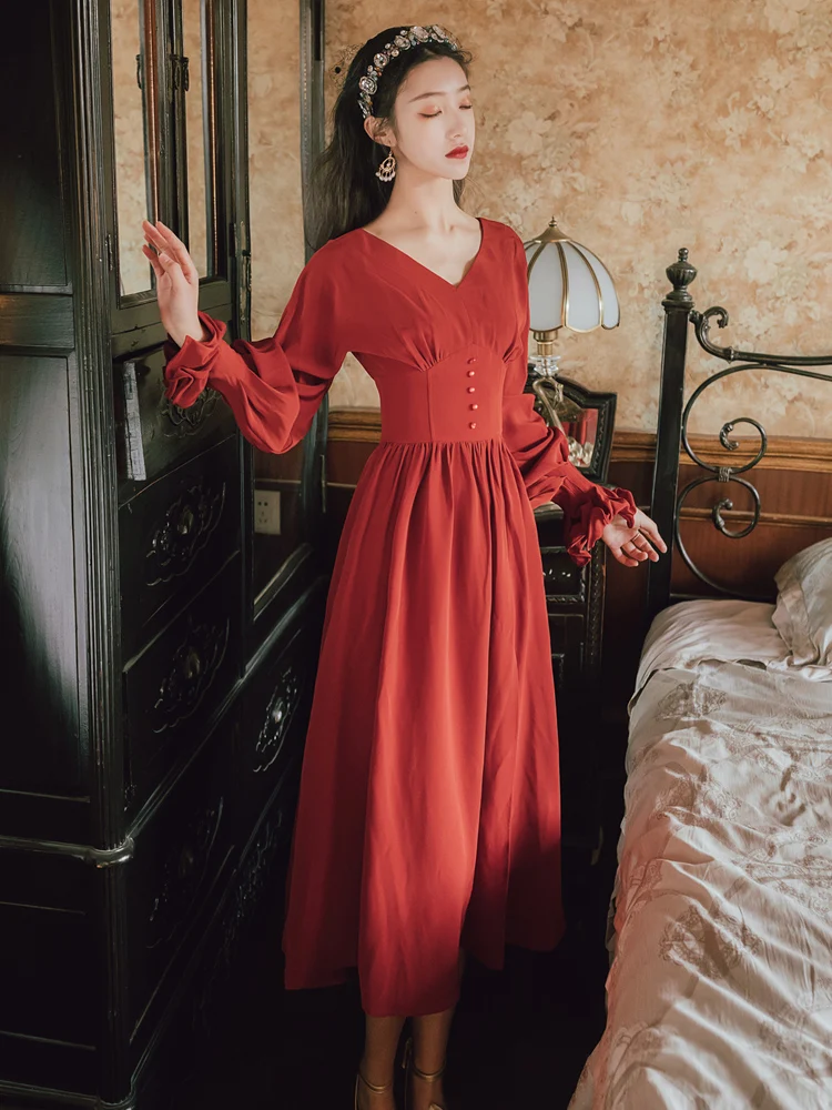 

French Vintage Dress women Platycodon Grandiflorum dresses Long Sleeve V-neck Red Medium Dress