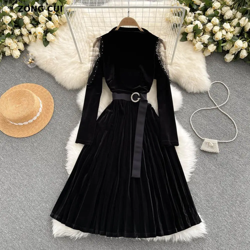 

Women Pleated Velvet Dress Autumn Winter O-neck Long Sleeve Off Shoulder High Waist Black Temperament Party A-line Dress Robes