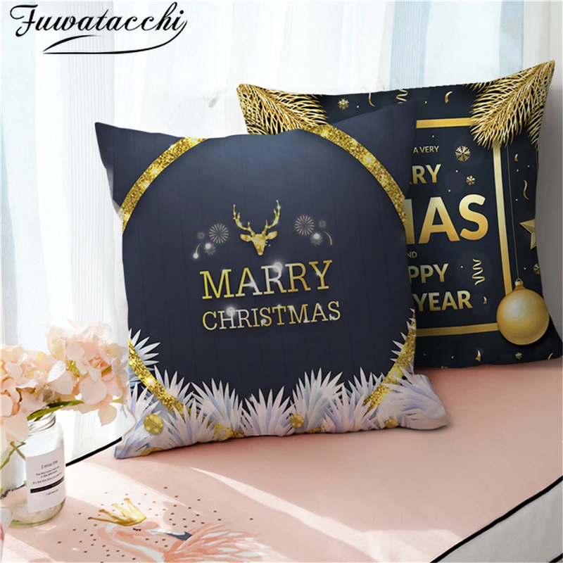 

Fuwatacchi 2020 Merry Christmas Cushion Covers Black Gold Snowflake Pillow Covers for Home Sofa Car Decorative Throw Pillowcase