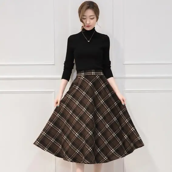 Элегантные шерстяные женские плиссированные макси юбки зимние клетчатые