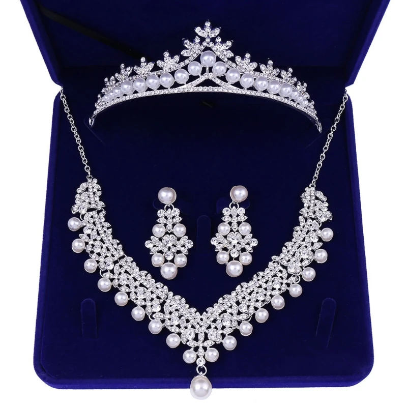 

Women's Wedding Bridal Crystal Teardrop Cluster Statement Necklace Dangle Earrings Crown Tiara Jewelry Set with Gift Box A5KE