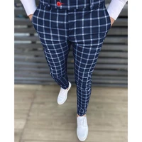 2021 newest fashion plaid pants for men business casual mens trousers printed white checked pants mid waist red button clothes