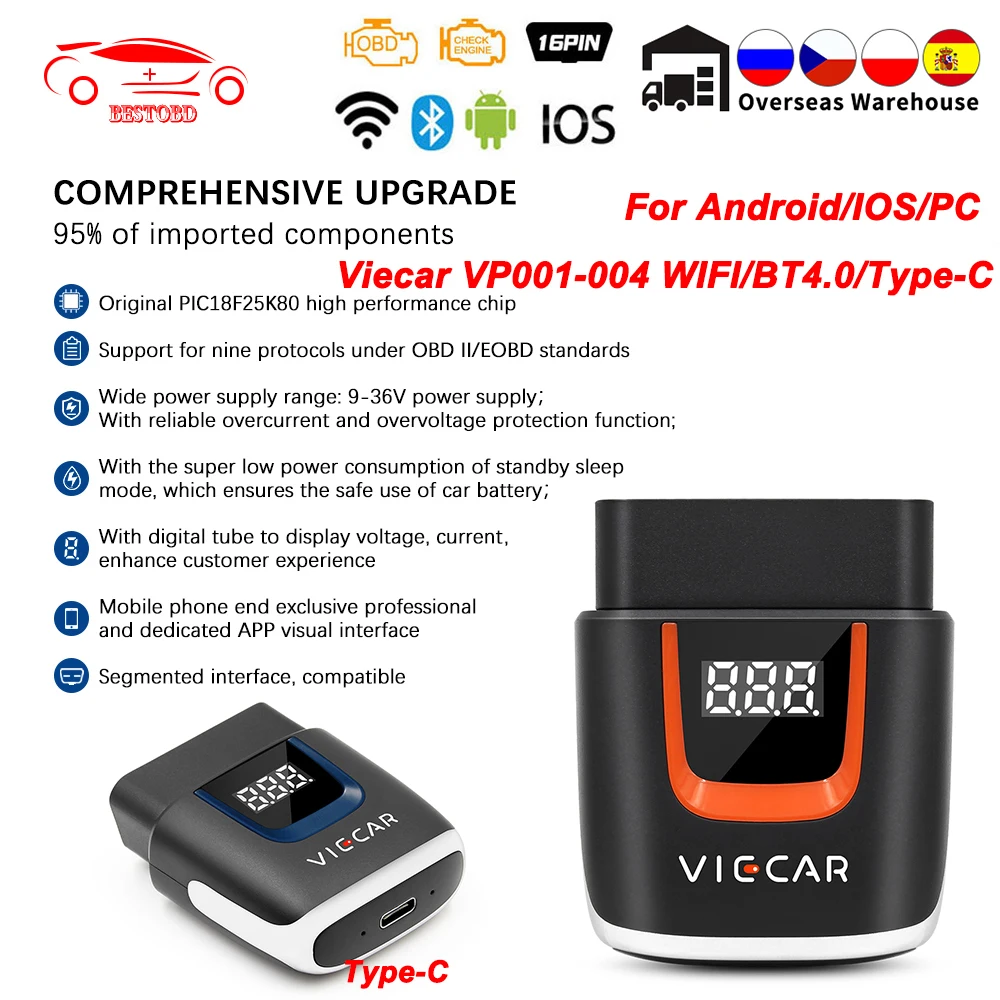 Автомобильный диагностический сканер Viecar ELM327 V2.2 OBD OBD2 Bluetooth 4 0 Wi Fi Type C PIC18F25K80 для