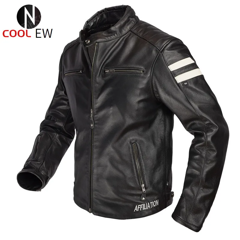 

2021 Black Men Slim Fit Motorcycle Leather Jacket Stand Collar Large Size XXXL Genuine Cowhide Spring Biker's Coat FREE SHIPPING