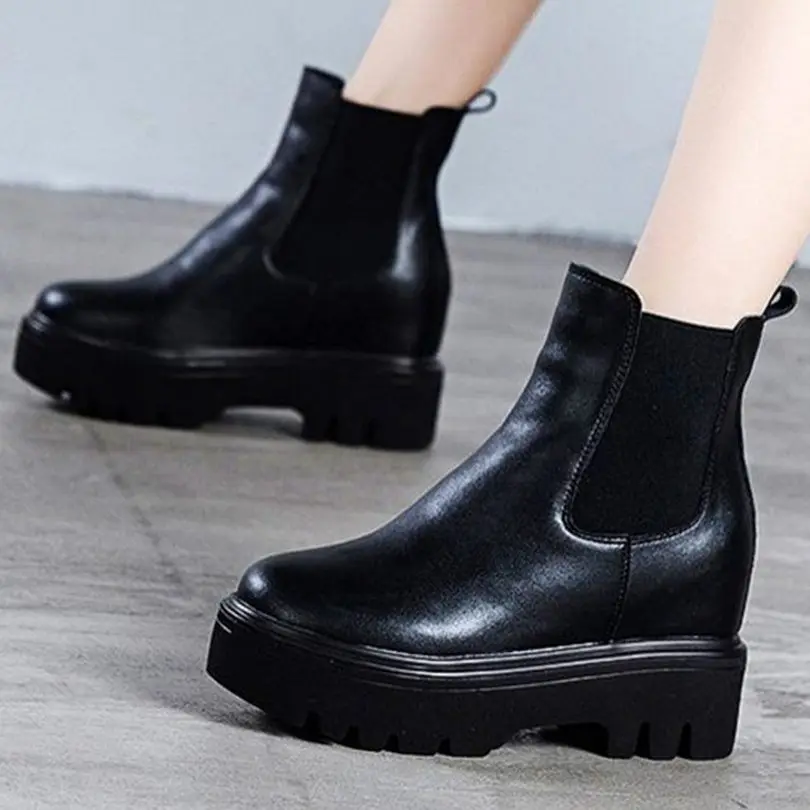 

Platform Shoes Women's Cow Leather Round Toe Ankle Boots Wedge Increasing Height Oxfords Military Punk Goth 34 35 36 37 38 39