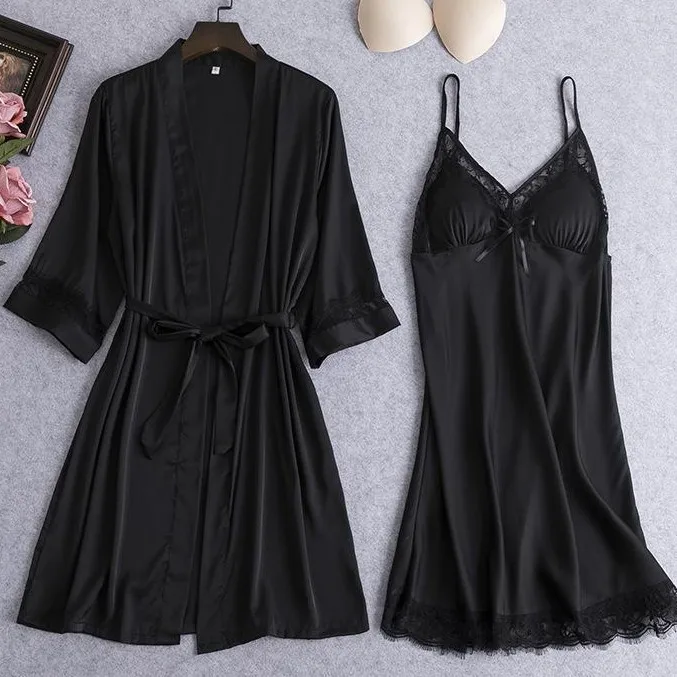 

Pink Women Lace Twinset Robe Set Sexy Casual Bride Bridesmaid Wedding Bathrobe V-neck Kimono Gown Loose Intimate Lingerie
