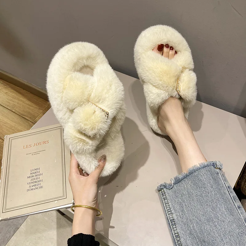 

Winter House Women Fur Slippers Fashion Cross Band Warm Plush Ladies Fluffy Shoes Cozy Open Toe Indoor Fuzzy Slides For Girls