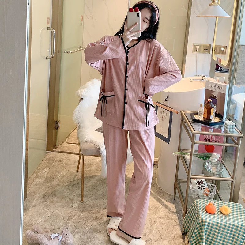 

Women's Cotton Pajamas Spring Autumn Long Sleeve Sweet Cute Pink Suit Loose Thin Homewear Summer and Winter Can Be Worn