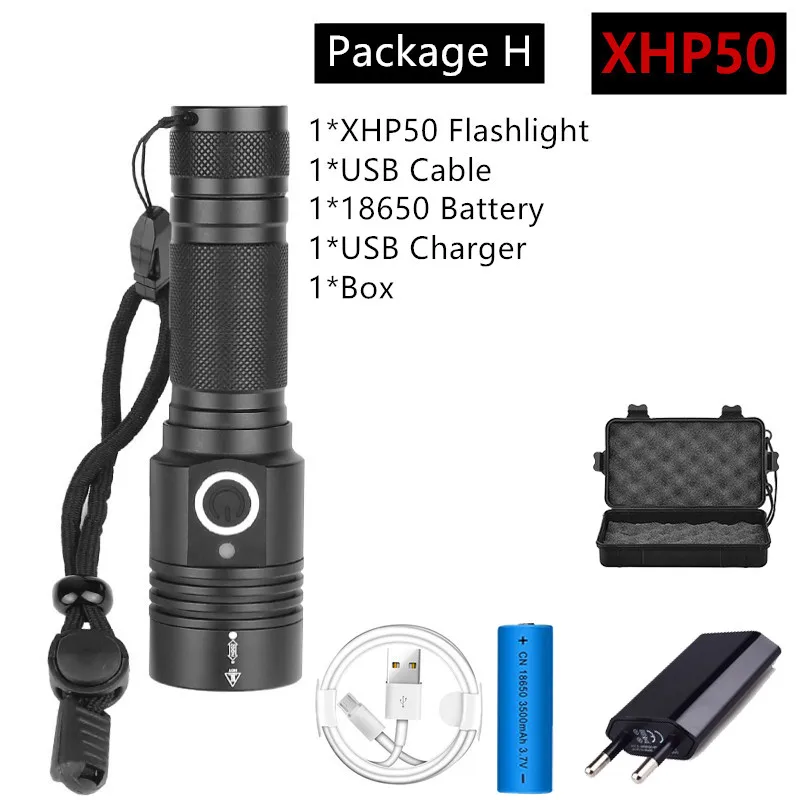 Package H 8000лм супер яркий тактический Водонепроницаемый фонарь, XHP50 и XHP70.2 светильник-вспышка с 4 режимами, светильник для кемпинга, аккумулятор 16850 - Испускаемый цвет: Package H