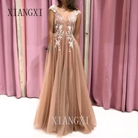 2020 champagne evening dresses long tulle a line lace embroidery floor length formal party evening dress party dress vestidos