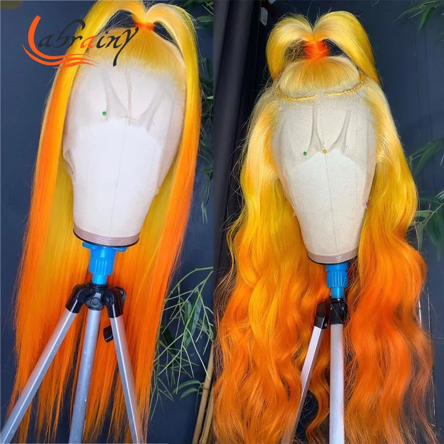 

HD Transparent Ombre Orange Body Wave Human Hair Wigs Colored Straight Remy Wig Pre Plucked Bleached Knots Glueless 13x6x1