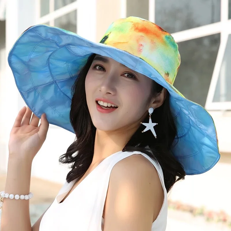 

Wide Brim Double Side Simple Foldable Sun Hat Beach Women Summer UV Protect Travel Cap Tie Dye Pattern Print Breathable Cap
