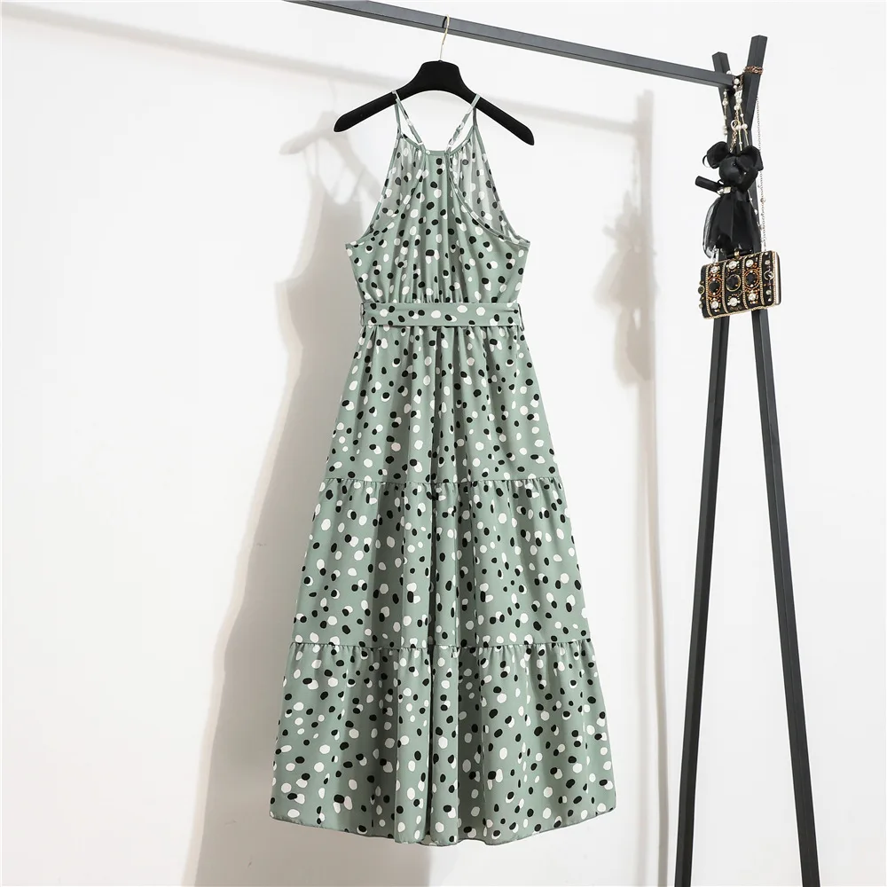 

Sexy Off Shoulder High Waist A-Line Dresses For Women 2021 Summer Polka Dot Holiday Style Ruffle Stitching Dress With Belt Femme