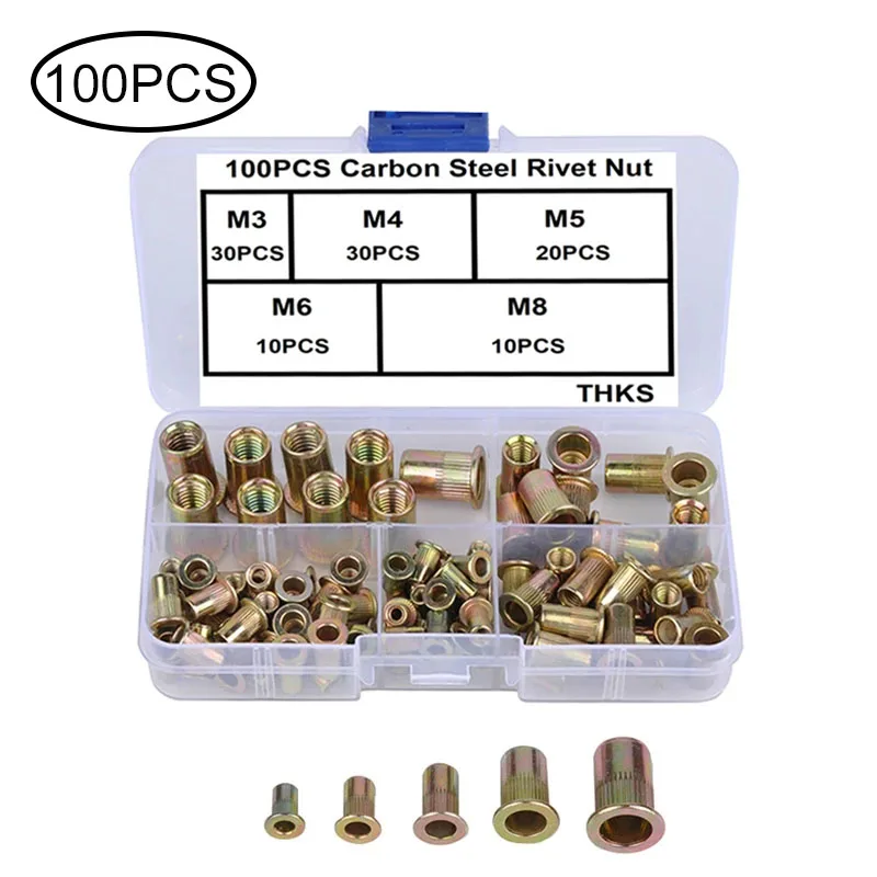 

100pcs M3 M4 M5 M6 M8 Carbon Steel Rivet Nut Box Color Plated Zinc Flat Head Vertical Pattern Rivet Nut Knurled