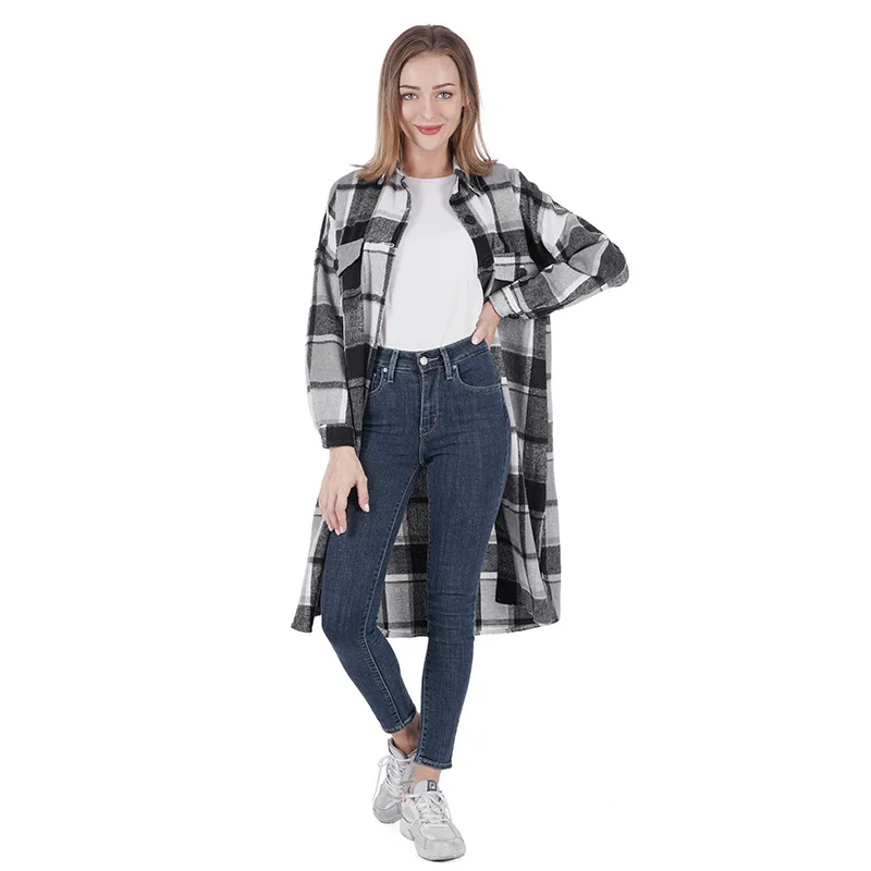 Idopy Women's Fashion Cute Plaid Fall Color Block Plaid Flannel Jacket Button Down Long Shirt Coat Tops