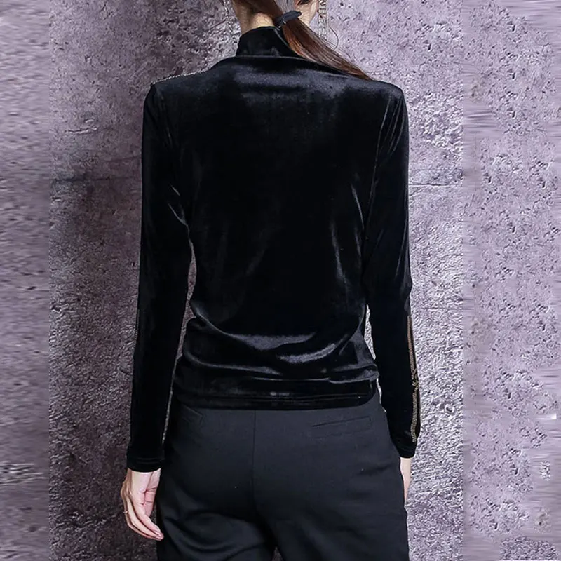 Winter Female T-shirt Bright Silk Stitching Plus Size T Shirt Women Velvet Half-high Collar Bottoming Fashion | Женская одежда