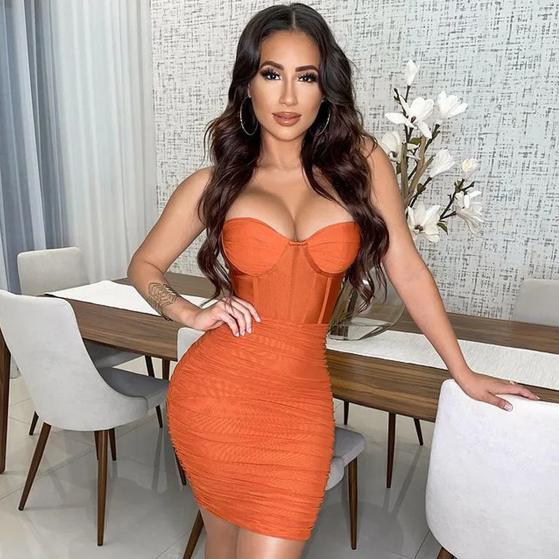 

OOTD Fashion Mesh Ruched Mini Dress Sleeveless Party Night Club 2021 Summer Gown Sexy Backless Dresses See Through