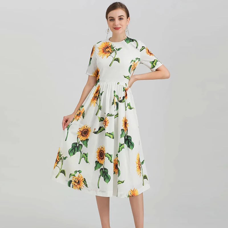 

Runway Fashion Summer Women Dress 2021 Designer Sunflower Print Elegant Ladies Party Holiday Beach Dress