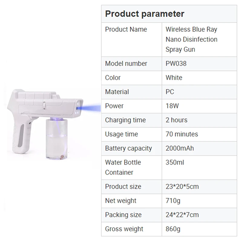 

Portable 350ML 2M Spray Distance Wireless Electric Sanitizer Sprayer Disinfects Blue Light Nano Steam Spray Gun Sprayers 2021