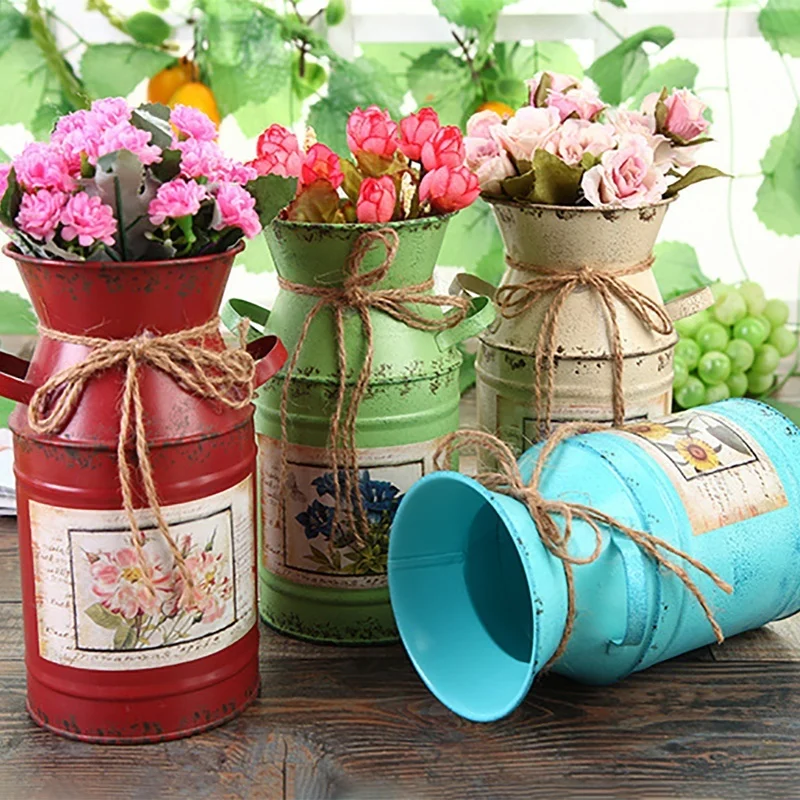 

Garden Plants Iron Bucket Home Decoration Pots Arrangement Craft Rural Style Shabby Gift Wedding Flower Vase