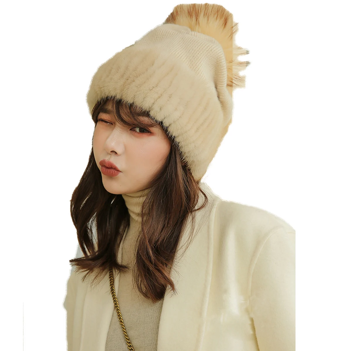 Women Real Mink Fur Brim Hats Winter Warm Cap With Fox Pompom Grey Black Beige