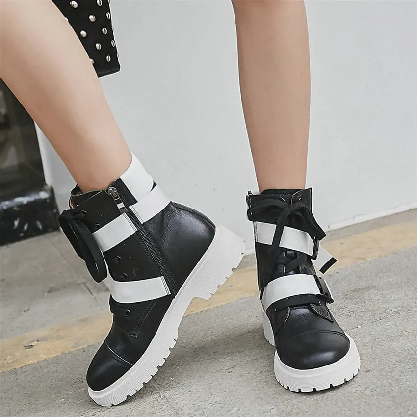 Женские высокие ботинки со шнуровкой в стиле панк из коровьей кожи на низком
