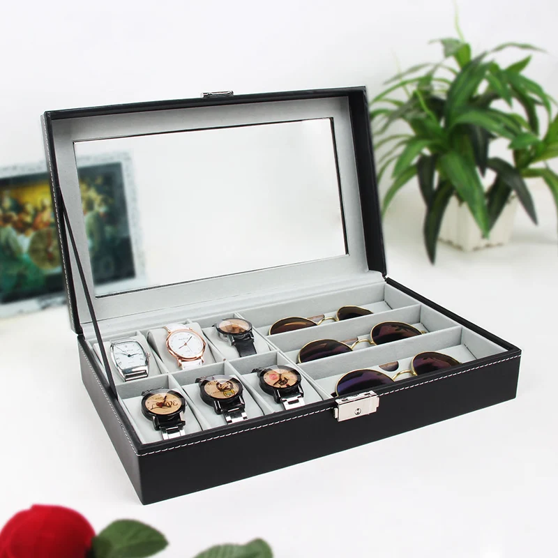 

6 Grids luxury black leather men watch box 6 slots watch case holder with sunglass Display box