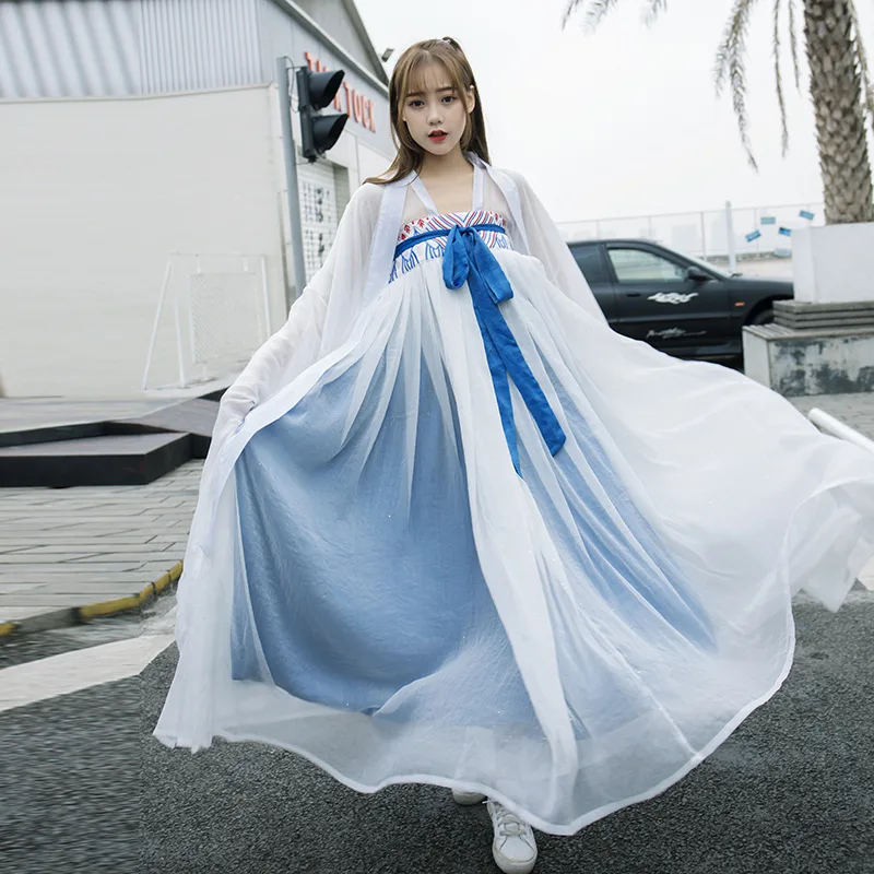 Han Element Dynastie Tang Hanfu сине-белая одежда Китайская традиционная женский костюм