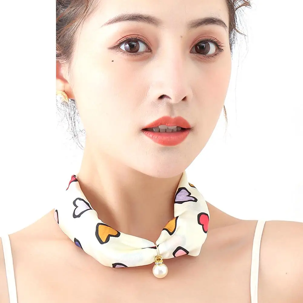 

Fashion Women Silk Scarf Stripe Floral Faux Pearl Silk Scarf Neck Gaiter Handkerchief Neckerchief girls Wraps necklace
