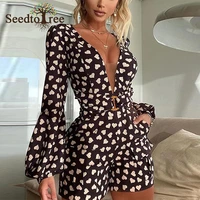 heart print sexy plunge neck rompers women playsuits long sleeve pocket design overalls