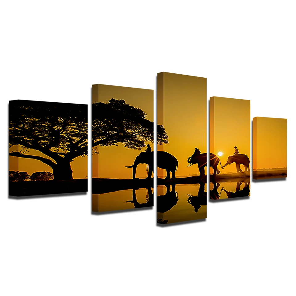 

HD Prints Canvas Paintings 5 Pieces Sunrise Tree Elephant Group Poster Decor Living Room Wall Art Animal Lake Pictures Framework