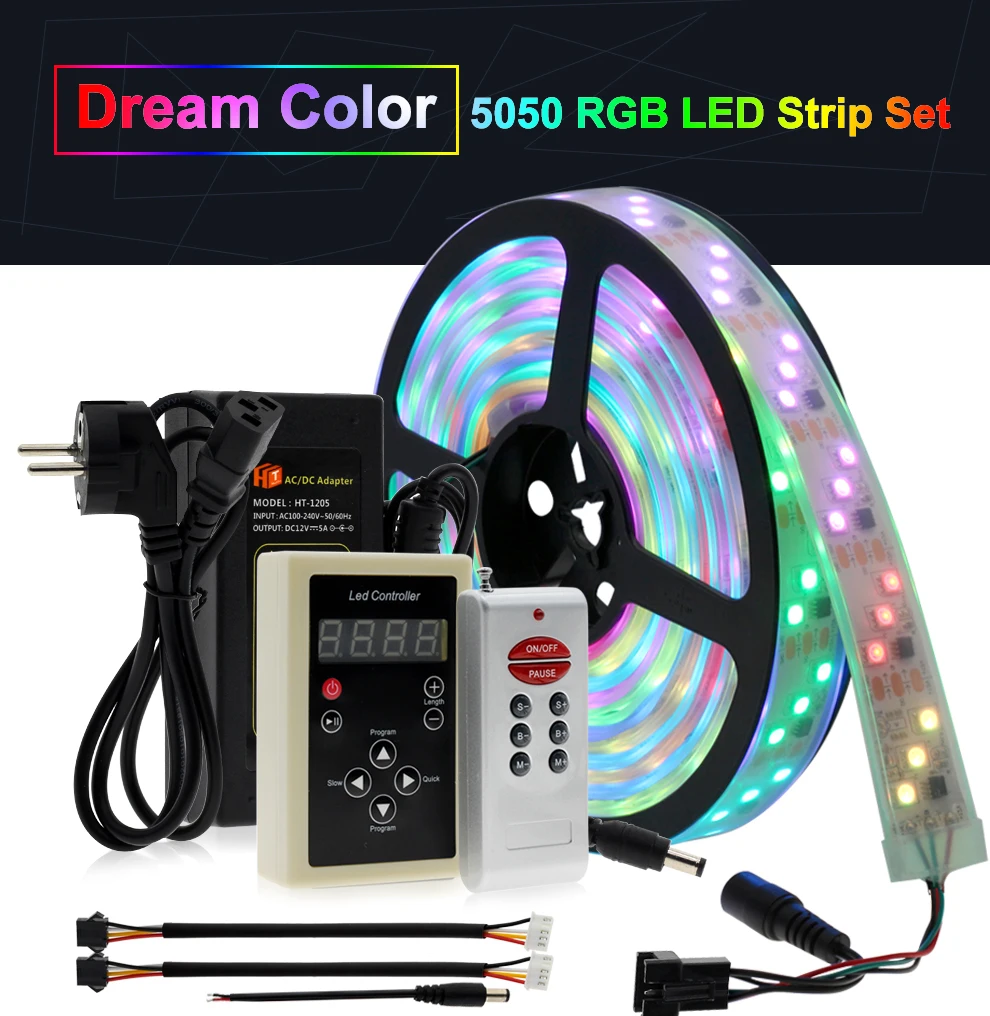 1903 IC Dream цветная светодиодная лента 5050 цифровая RGB водонепроницаемая лампа дневного света 5 м+ 133 программа RF пульт дистанционного управления+ адаптер Праздничные огни