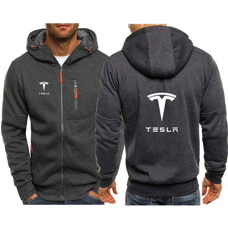 

2021 TESLA Car Logo Brand Pocket Zipper Hooded Wool Cardigan Jacket Men's Casual Sports Hooded Sports Pullover