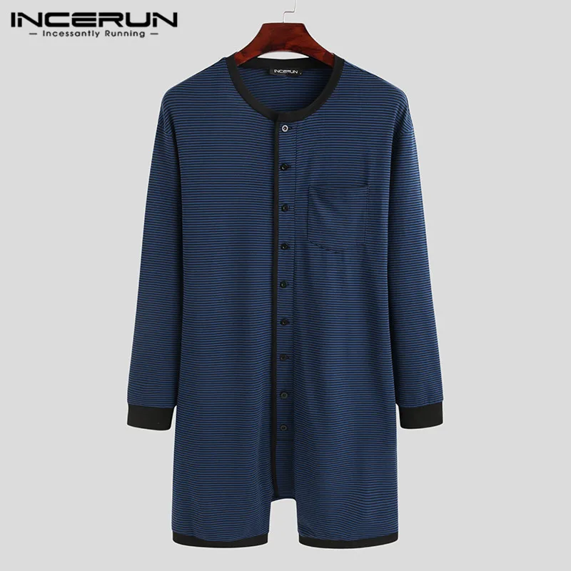 

Men Striped Pajamas Rompers Long Sleeve Round Neck Button Playsuits Cozy Leisure Men Nightwear Jumpsuits Homewear INCERUN S-5XL