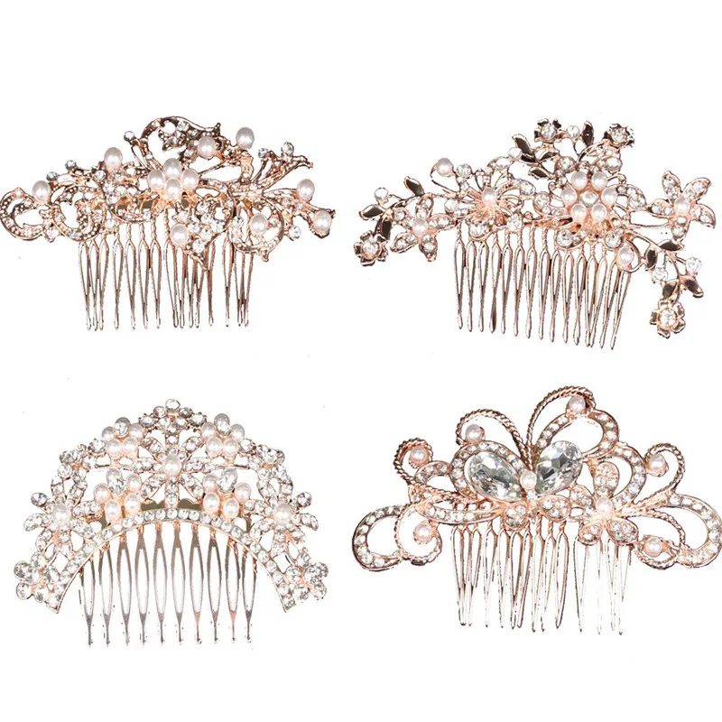 

Rose Gold Color Rhinestone Flower Leaf Bridal Hair Comb for Girls Crystal Hair Ornaments Jewelry Wedding Hair Accessories