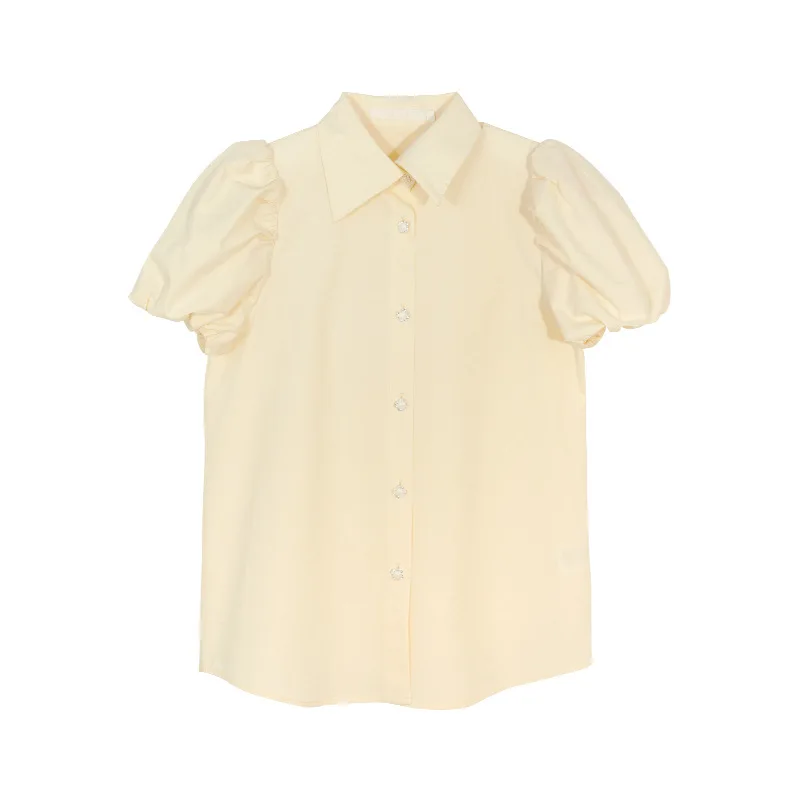 

2021 summer new short-sleeved shirt simple temperament casual lapel lantern puff sleeve top women