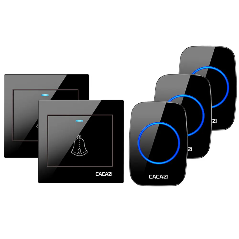 2 button 3 receiver Беспроводной дверной звонок CACAZI, водонепроницаемый, дистанционный, умный светодиодный светильник на 300 м, домашний дверной звонок, ЕС, США, Великобритания, вилка 36, звонок, 1 кнопка, 1 2 приемника - Цвет: 2 button 3 receiver