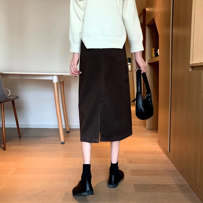 

SURMIITRO 2021 Fashion Autumn Winter Midi Long Skirt Women Korean Style Mid-Length High Waist Mini Split Skirt Female